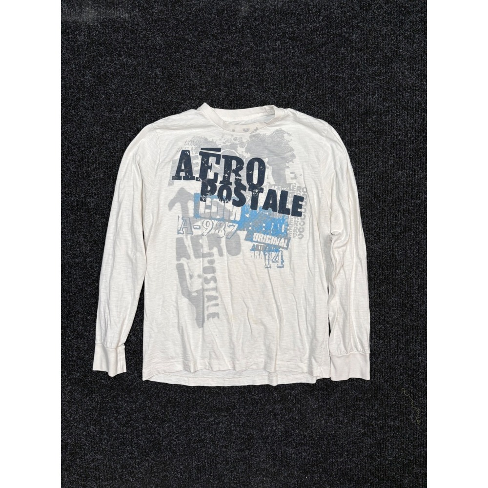 Aeropostale Mens XL White Long Sleeve Graphic T-Shirt Distressed Logo Cotton